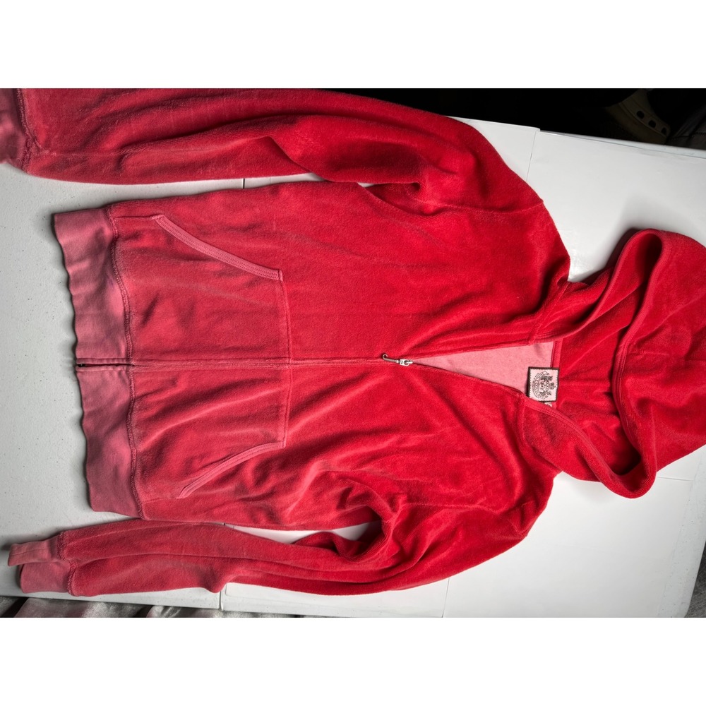 Juicy Couture Vintage Velour Zip Up Hoodie Red Pink Trim Y2K Made in USA Large